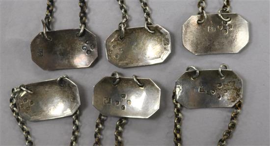 Six Victorian silver sauce/decanter labels by Rawlings & Summers;